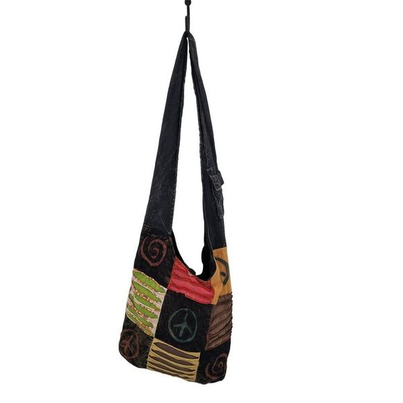 Handmade Black Patchwork Hobo Hippie Patchwork Crossbody Sling Bag Peace - Picture 2 of 10